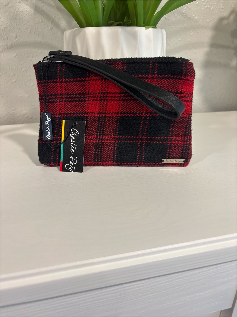 Charlie Paige Red and Black Plaid Wristlet with Strap 7x4”
